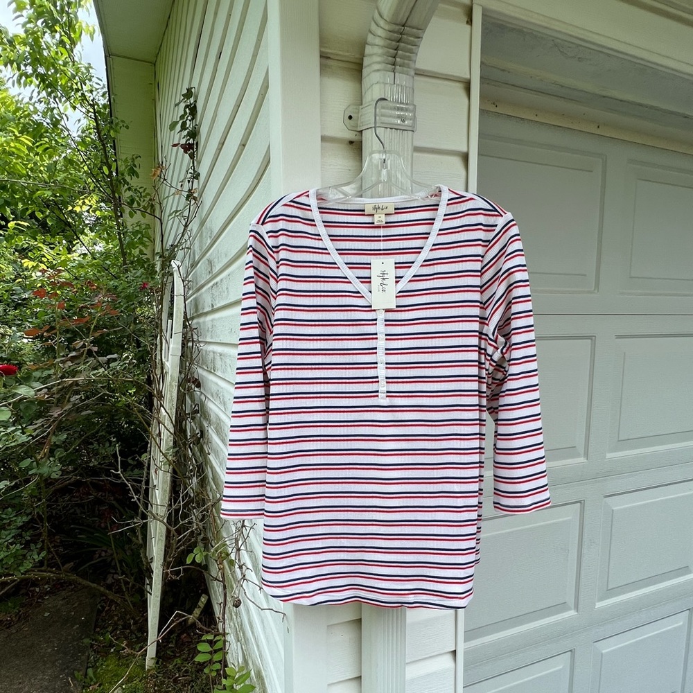 NWT Style & Co. Pretty White Red Blue Striped 3/4 Sleeve Henley Top